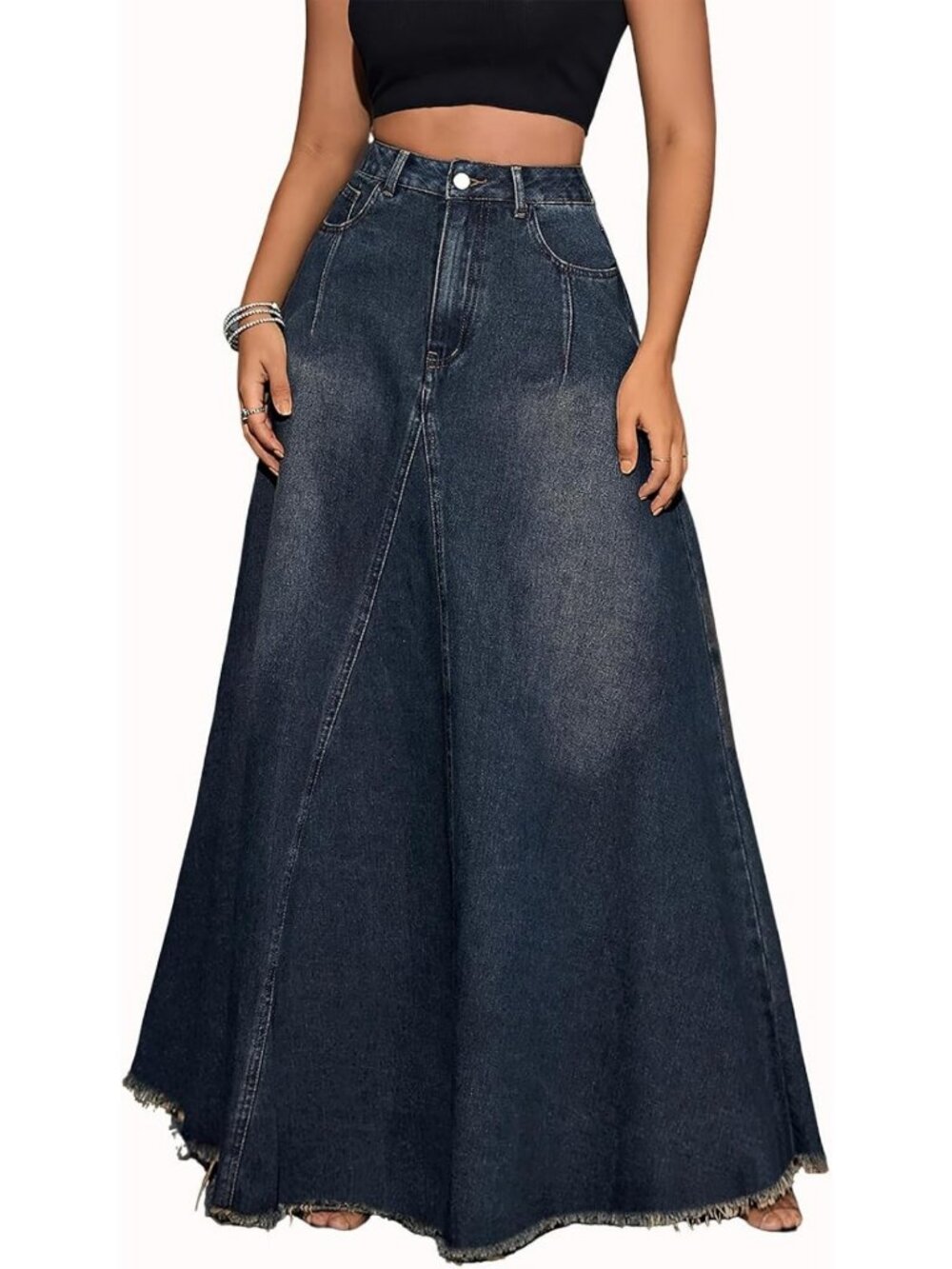 Retro Distressed High Waist A-Line Maxi Denim Skirt with Pockets - Women's